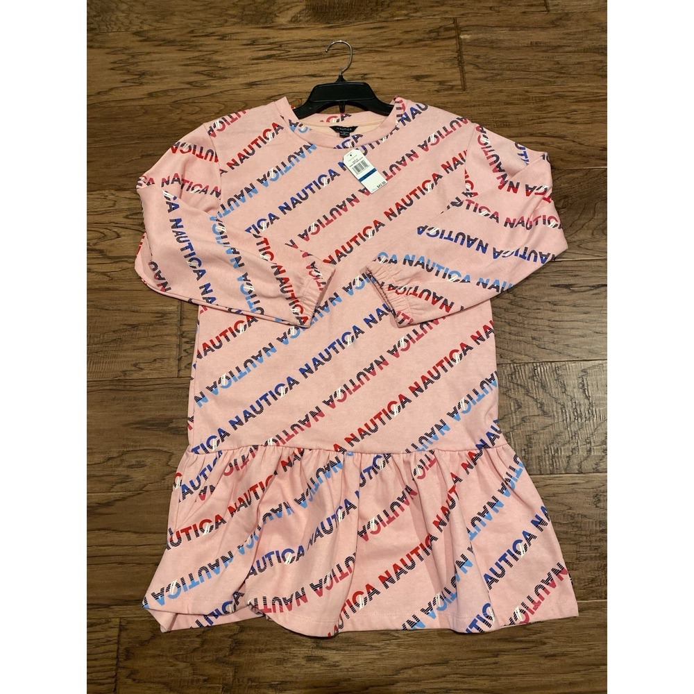 Nautica Girls Dress XL 16 Coral Blush Logo Print Long Sleeve New NWT